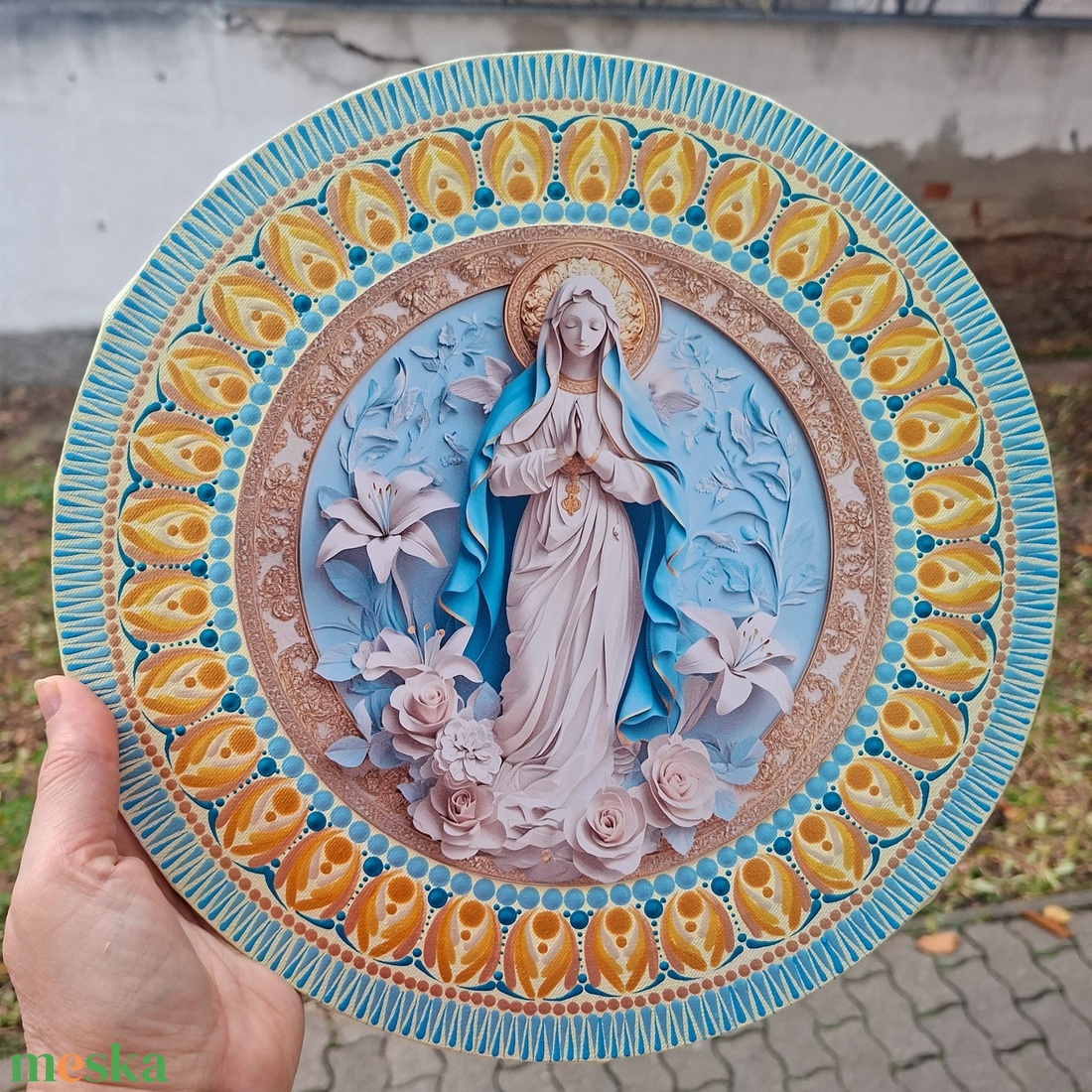 Aranykék pontozott Mária mandala fém betéttel  30 cm - művészet - festmény - festmény vegyes technika - Meska.hu