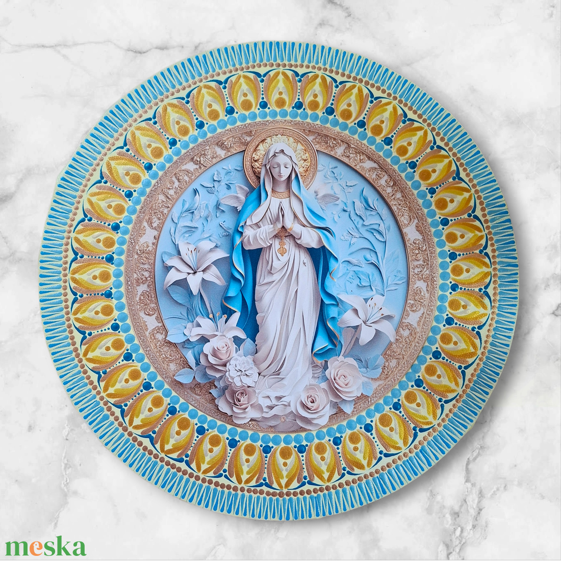 Aranykék pontozott Mária mandala fém betéttel  30 cm - művészet - festmény - festmény vegyes technika - Meska.hu