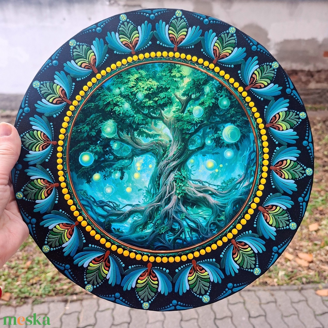Mesebeli életfa mandala, 30 cm, fém betéttel  - művészet - festmény - festmény vegyes technika - Meska.hu
