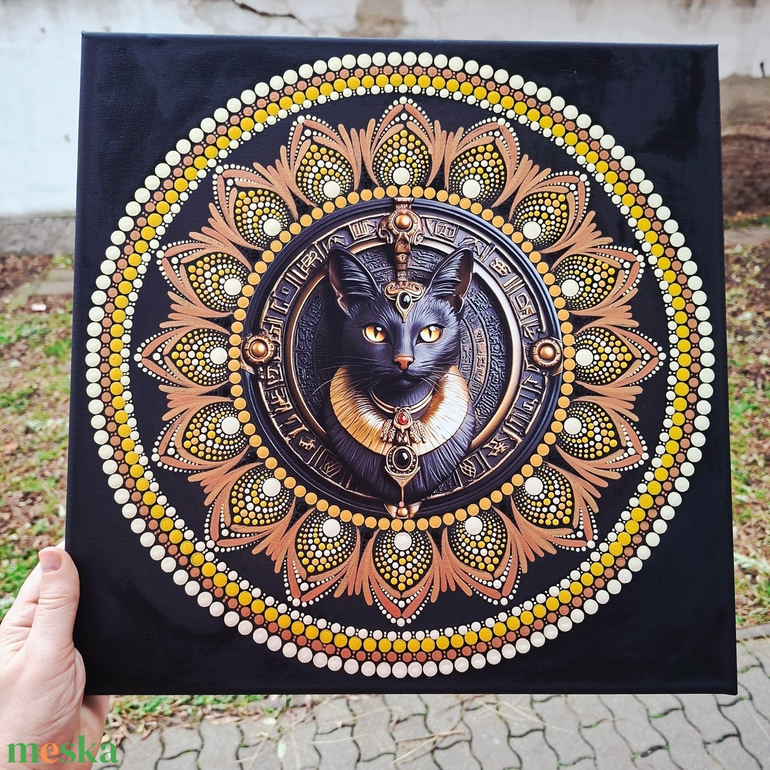 Fáraó cica mandala 40 cm  fém betéttel - művészet - festmény - festmény vegyes technika - Meska.hu