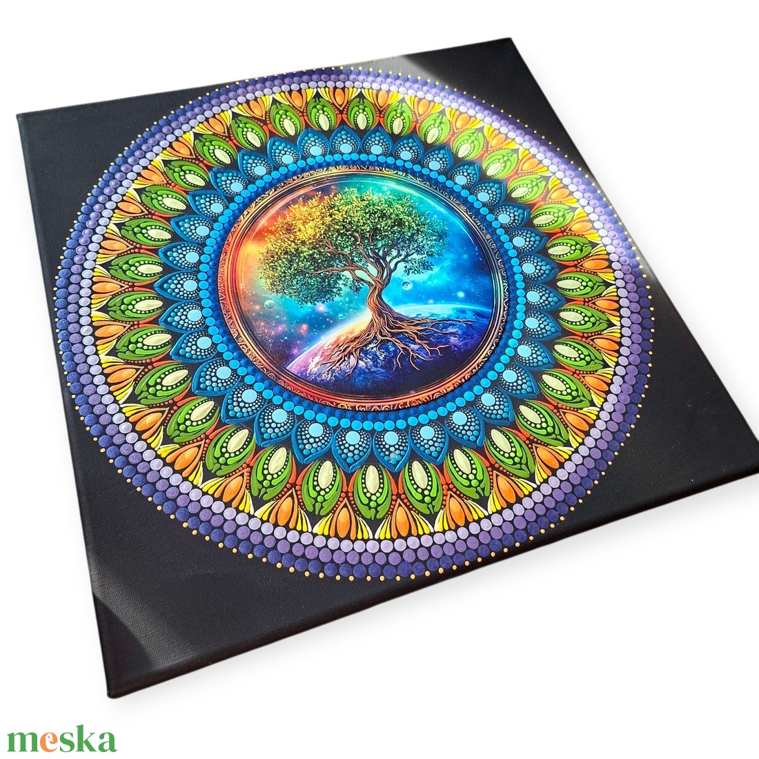 Szakrális életfa pontozott mandala, 40 cm, fém betétes - művészet - festmény - festmény vegyes technika - Meska.hu