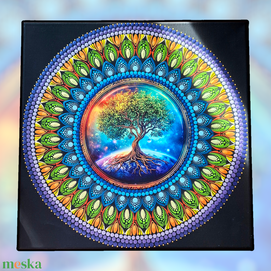Szakrális életfa pontozott mandala, 40 cm, fém betétes - művészet - festmény - festmény vegyes technika - Meska.hu