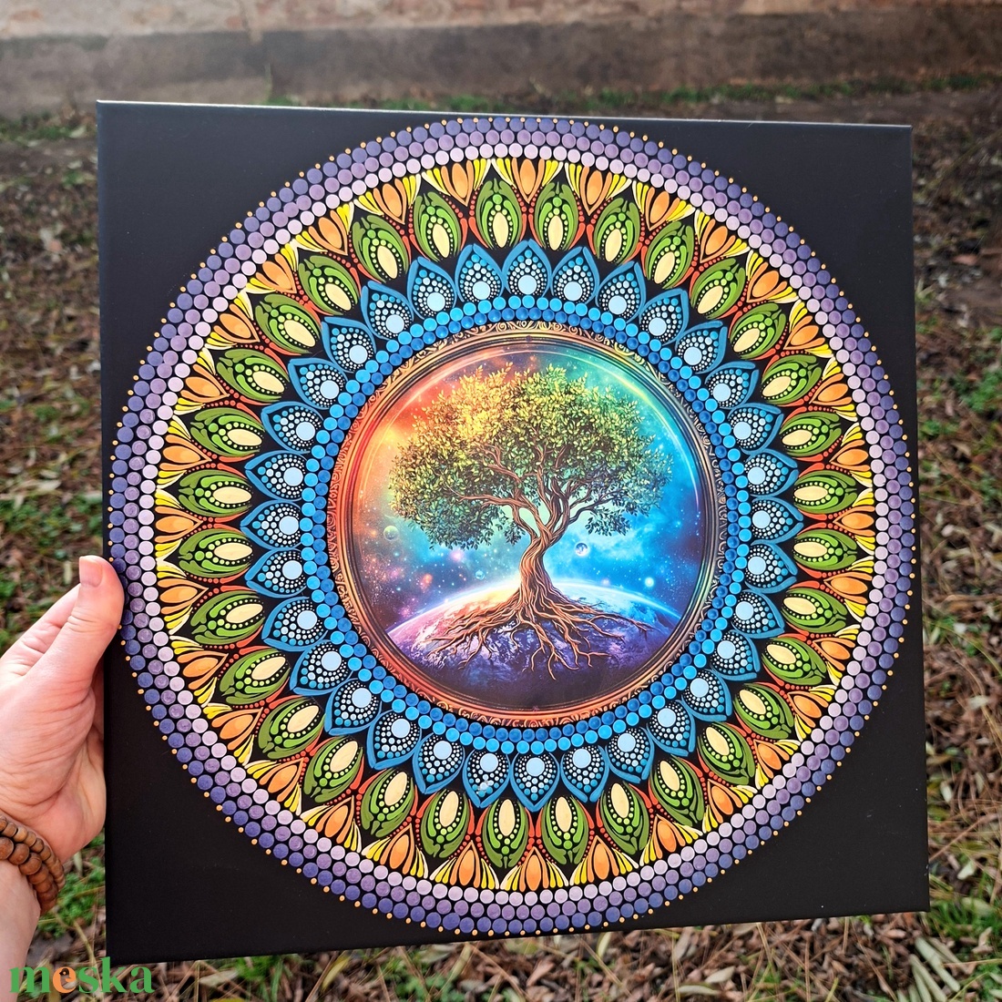 Szakrális életfa pontozott mandala, 40 cm, fém betétes - művészet - festmény - festmény vegyes technika - Meska.hu