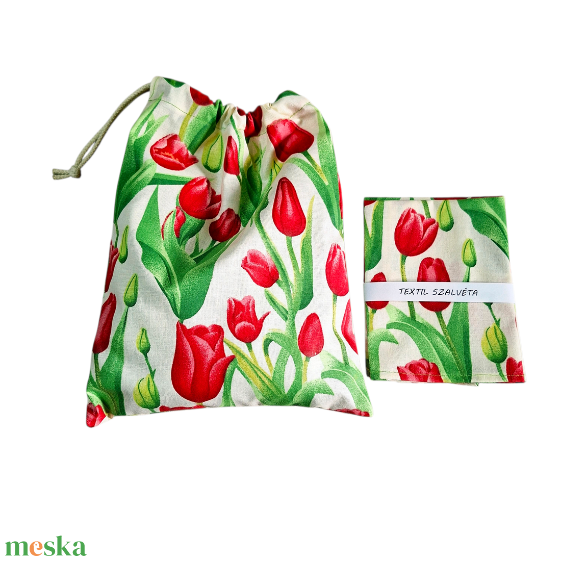 Tisztasági zsák és szalvéta (2db) szett,  oviba, suliba, beige, piros tulipános - játék & sport - ovis felszerelés - egyéb ovis kiegészítő - Meska.hu