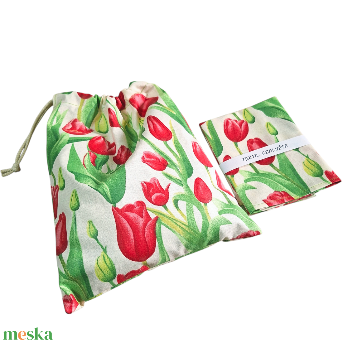 Tisztasági zsák és szalvéta (2db) szett,  oviba, suliba, beige, piros tulipános - játék & sport - ovis felszerelés - egyéb ovis kiegészítő - Meska.hu