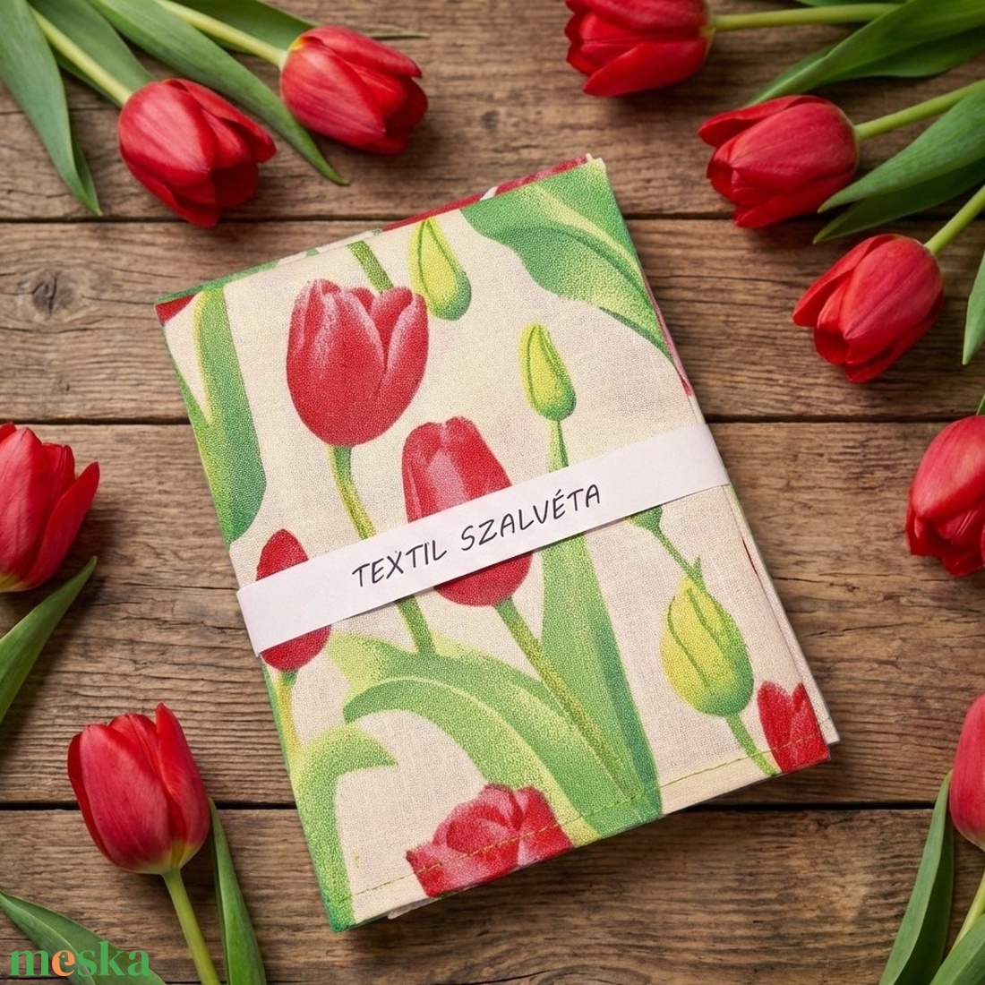 Tisztasági zsák és szalvéta (2db) szett,  oviba, suliba, beige, piros tulipános - játék & sport - ovis felszerelés - egyéb ovis kiegészítő - Meska.hu
