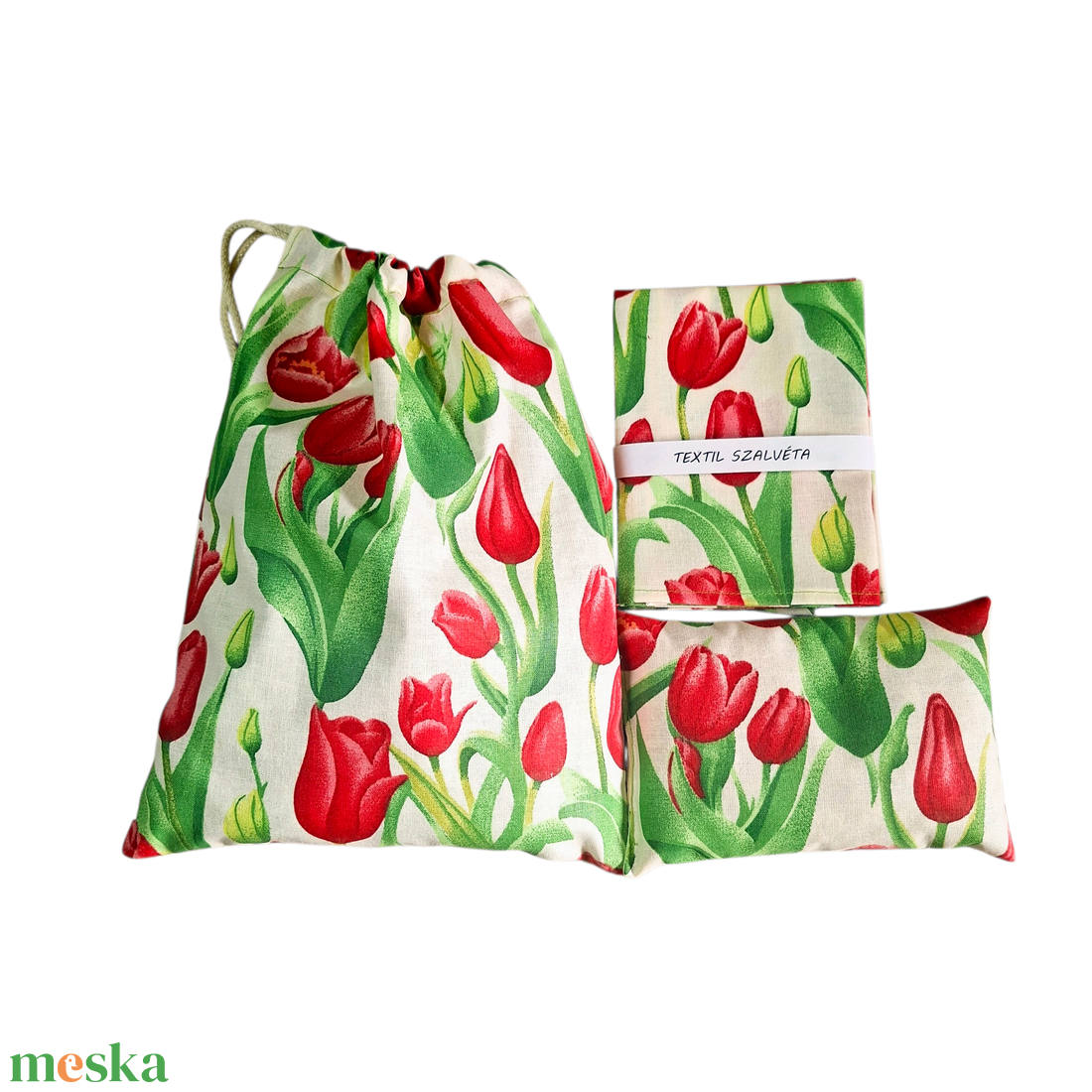Textilszalvéta 2db+babzsák+tisztasági zsák szett oviba, suliba, beige, piros tulipánok - játék & sport - ovis felszerelés - egyéb ovis kiegészítő - Meska.hu