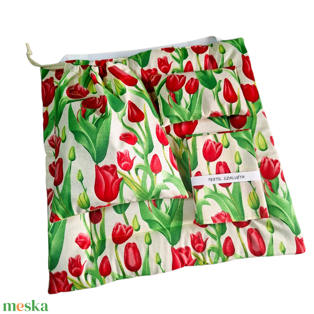 Ülőpárna+textilszalvéta 2db+babzsák+tisztasági zsák szett oviba, suliba, beige, piros tulipánok - játék & sport - ovis felszerelés - egyéb ovis kiegészítő - Meska.hu