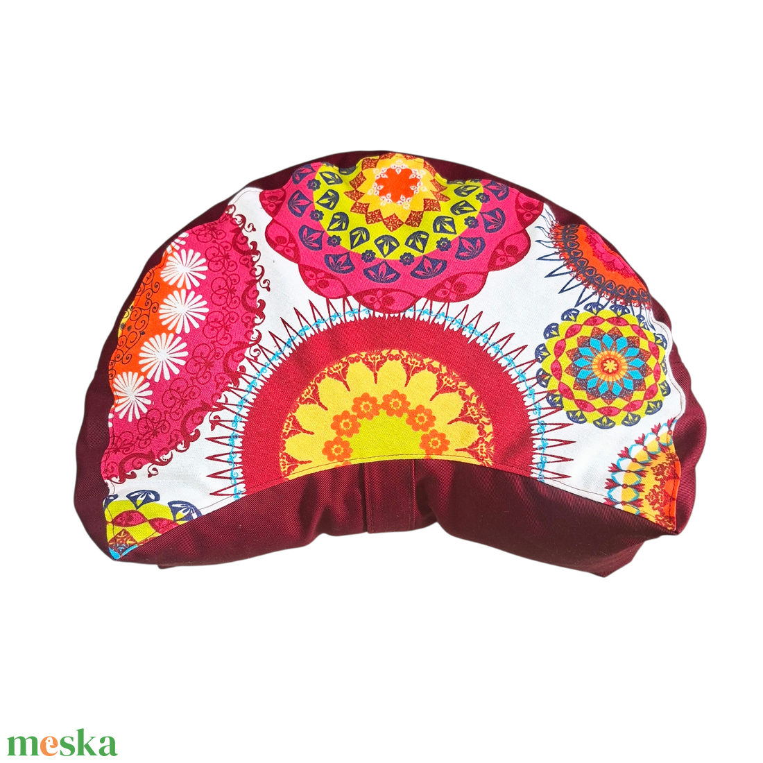 Meditációs félhold, jóga ülőpárna tönköly pelyvával töltve, bordó-szines mandalás - játék & sport - sport és kikapcsolódás - jóga, pilates, torna - jógapárna - Meska.hu