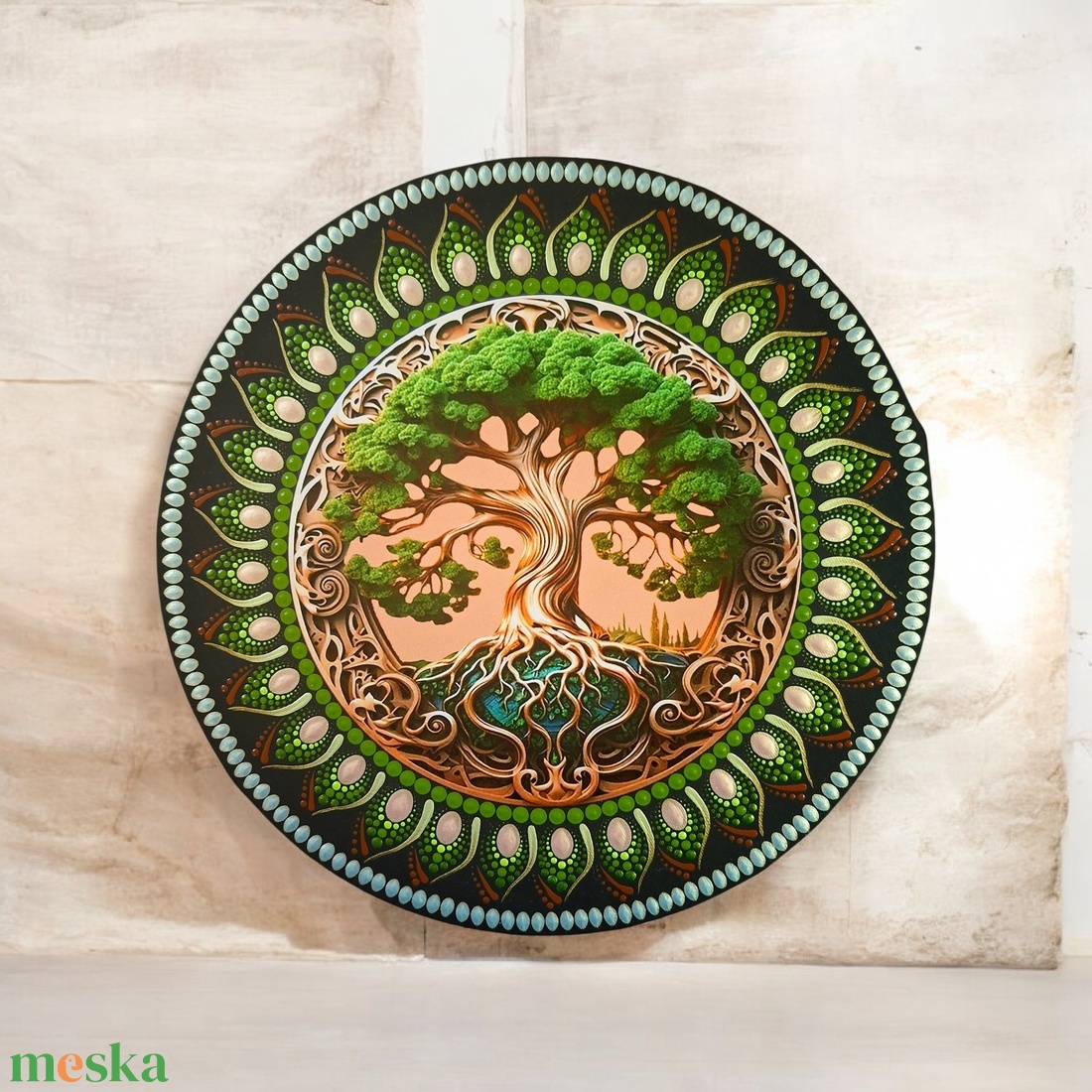 Barna - zöld életfa mandala, 30 cm, fém betéttel � 30 cm - művészet - festmény - festmény vegyes technika - Meska.hu