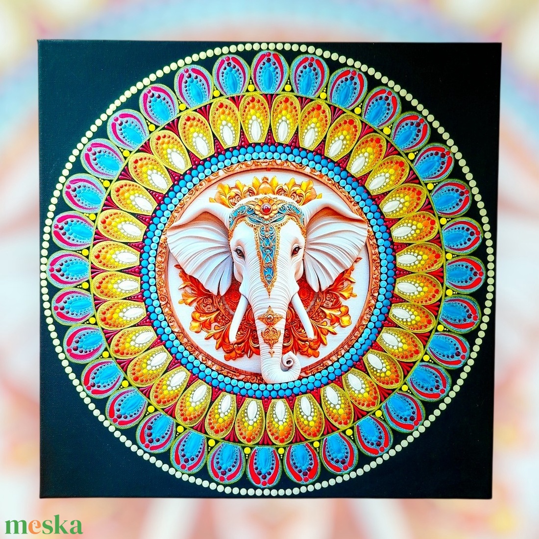 Pontozott mandala arany-kék szerencsehozó elefánt, 40cm - művészet - festmény - festmény vegyes technika - Meska.hu