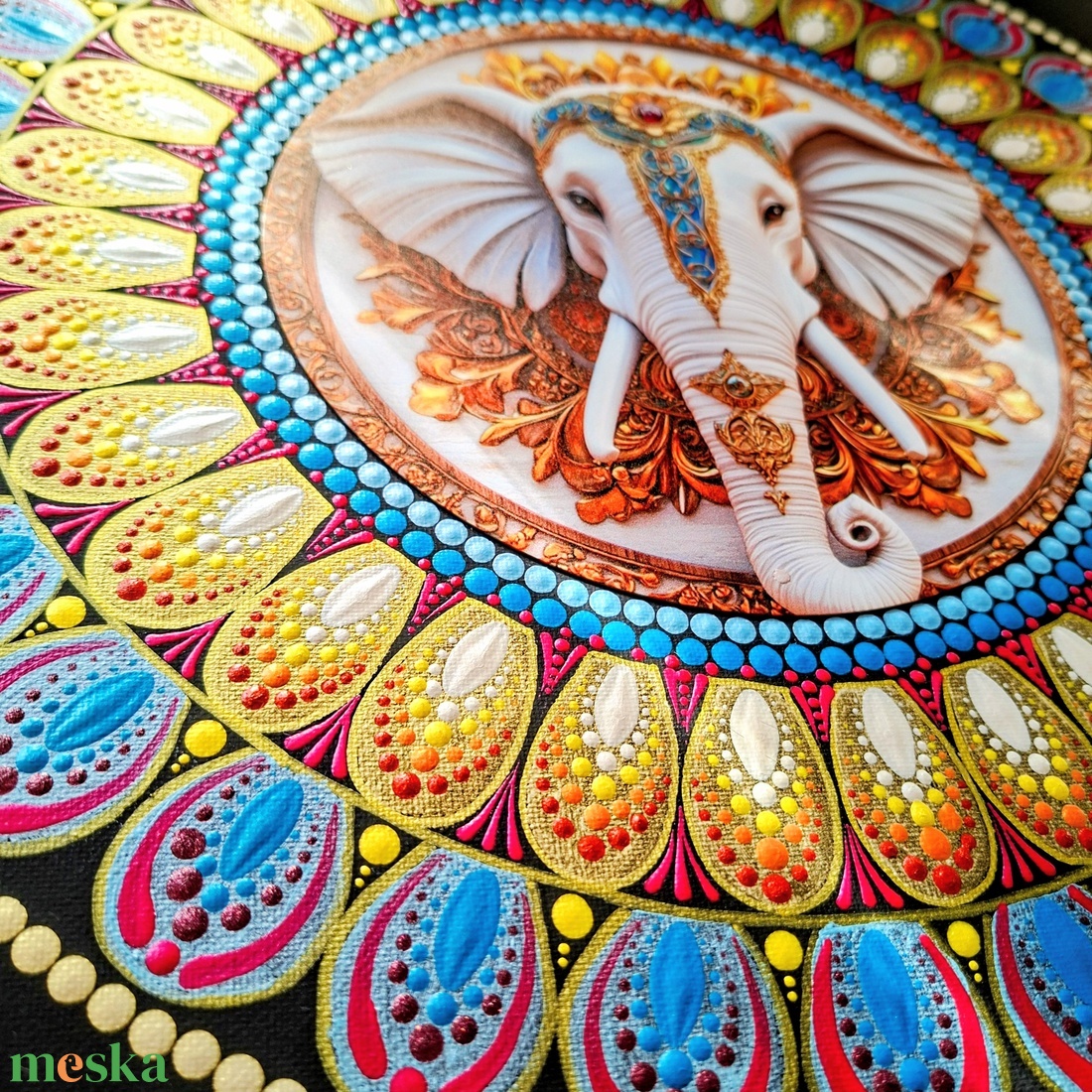 Pontozott mandala arany-kék szerencsehozó elefánt, 40cm - művészet - festmény - festmény vegyes technika - Meska.hu
