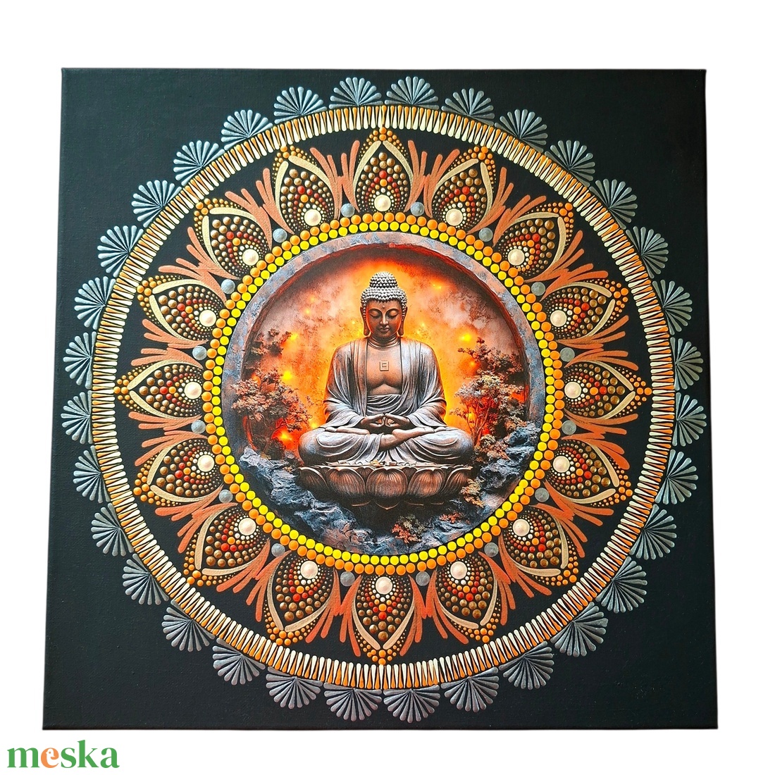 Buddha lótuszon - pontozott mandala 40 cm, fém betéttel - művészet - festmény - festmény vegyes technika - Meska.hu
