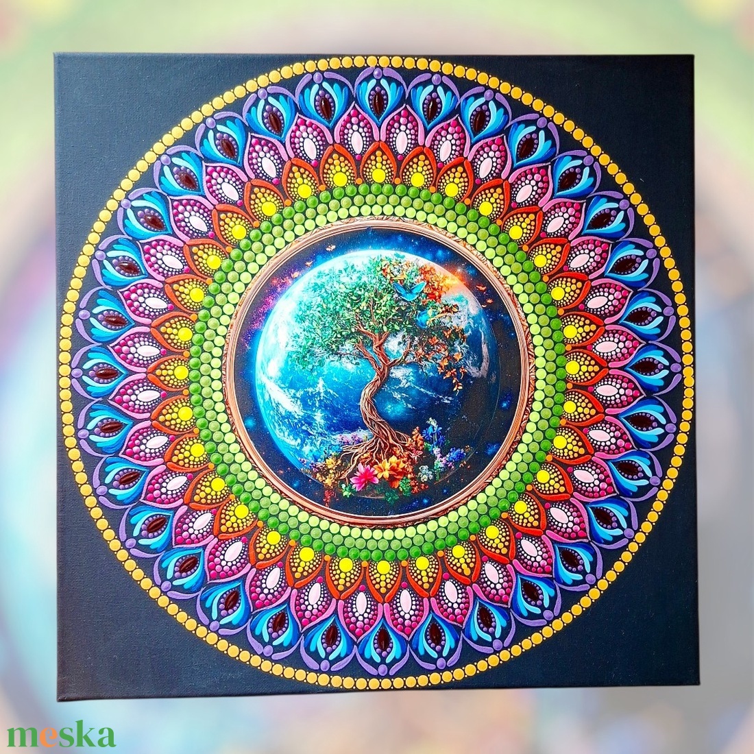 Szakrális életfa pontozott mandala, 40 cm, fém betéttel - művészet - festmény - festmény vegyes technika - Meska.hu