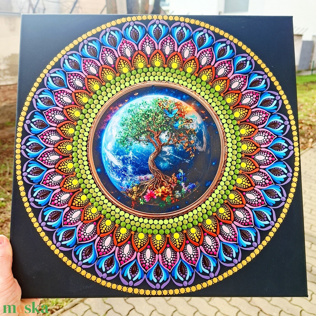 Szakrális életfa pontozott mandala, 40 cm, fém betéttel - művészet - festmény - festmény vegyes technika - Meska.hu