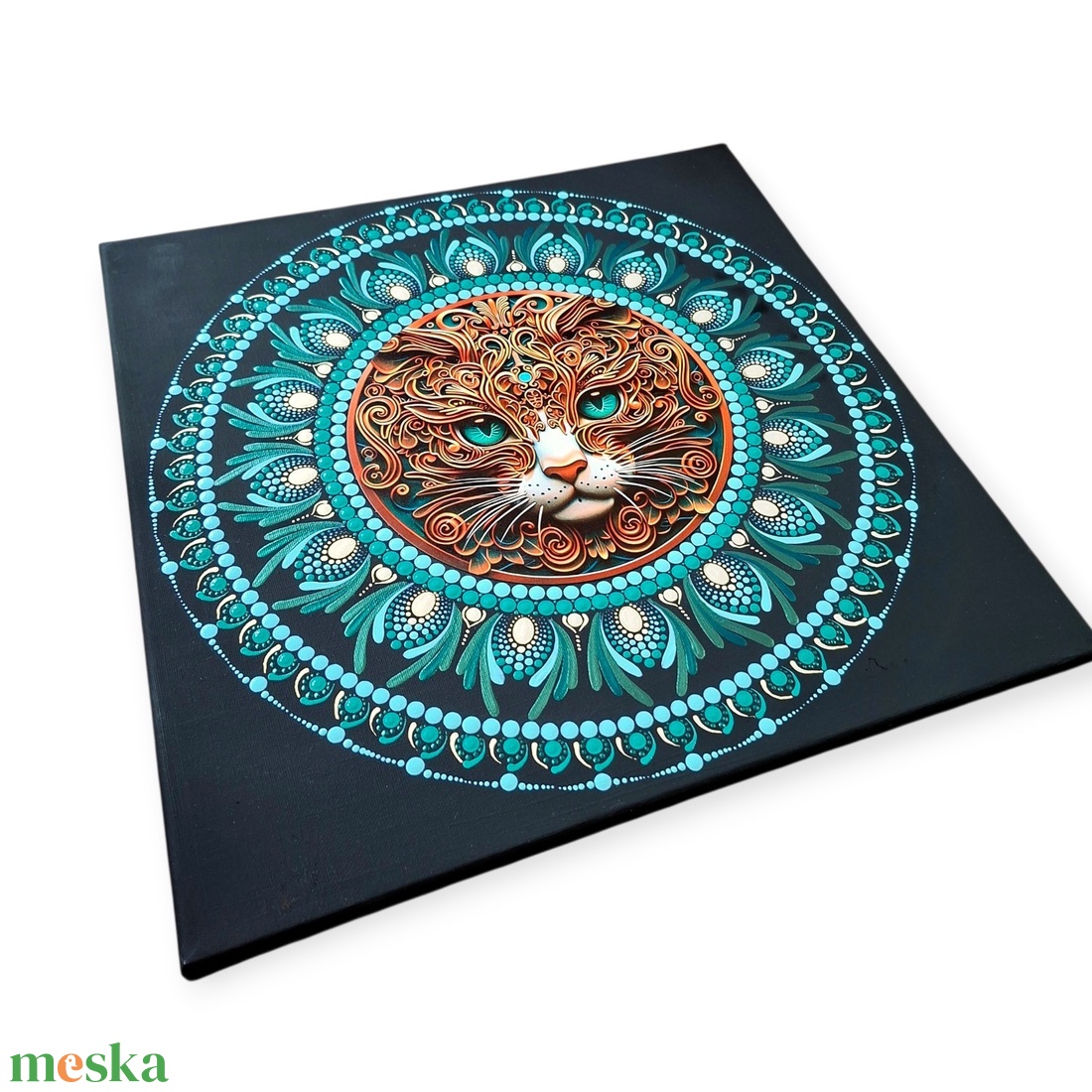 Türkiz�arany lélekőrző cica - pontozott mandala 40 cm, fém betéttel - művészet - festmény - festmény vegyes technika - Meska.hu