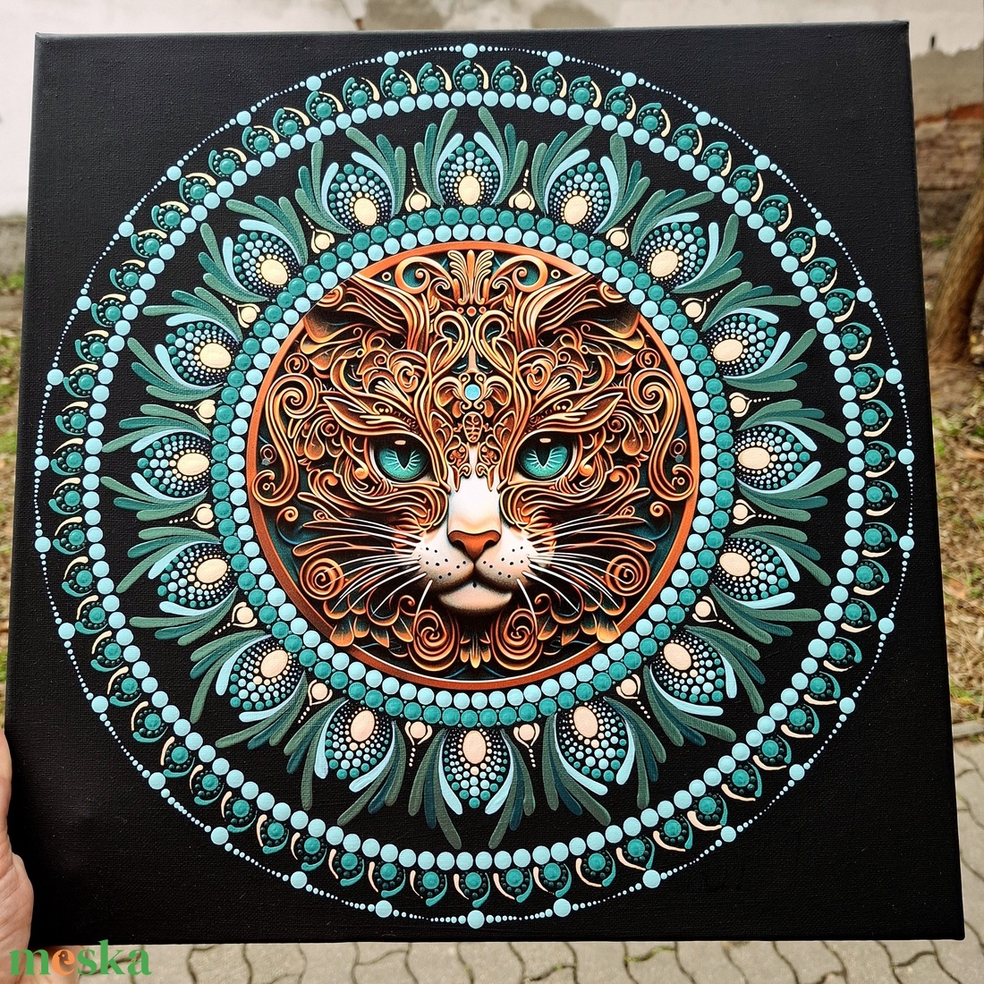 Türkiz�arany lélekőrző cica - pontozott mandala 40 cm, fém betéttel - művészet - festmény - festmény vegyes technika - Meska.hu