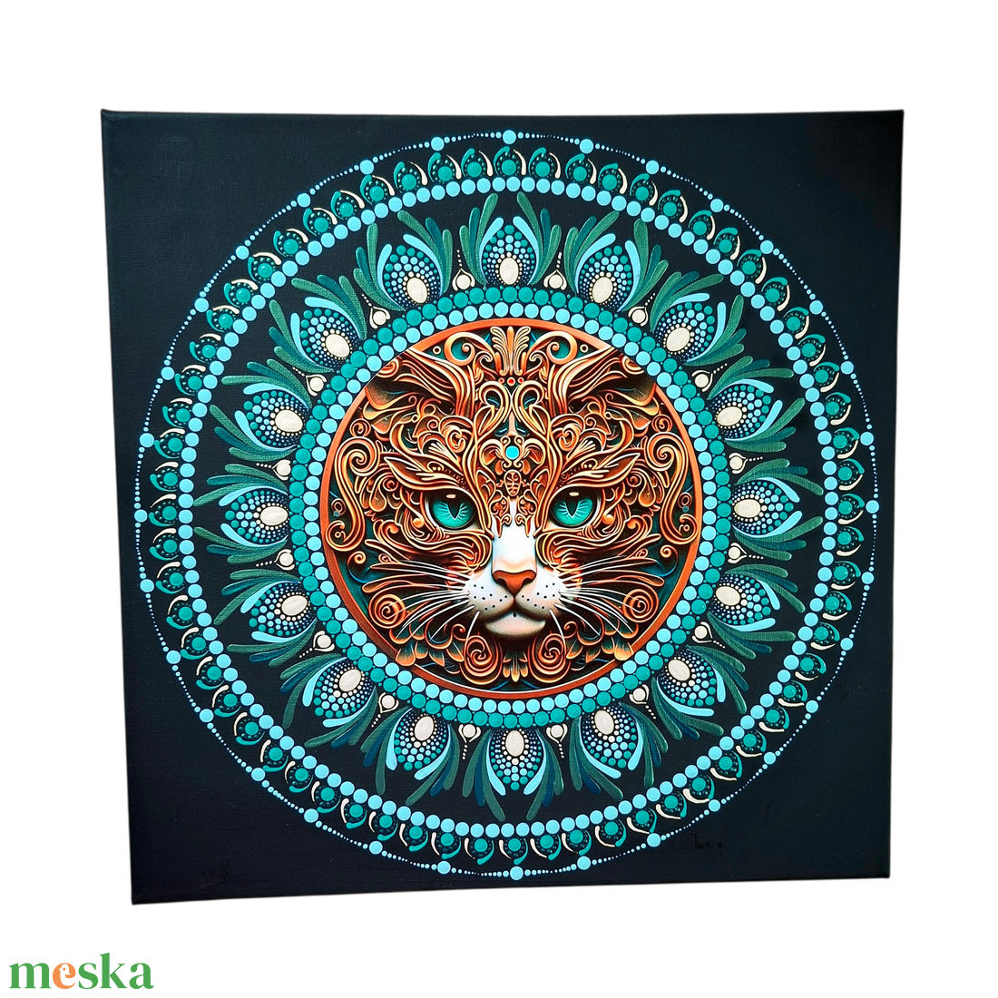Türkiz�arany lélekőrző cica - pontozott mandala 40 cm, fém betéttel - művészet - festmény - festmény vegyes technika - Meska.hu