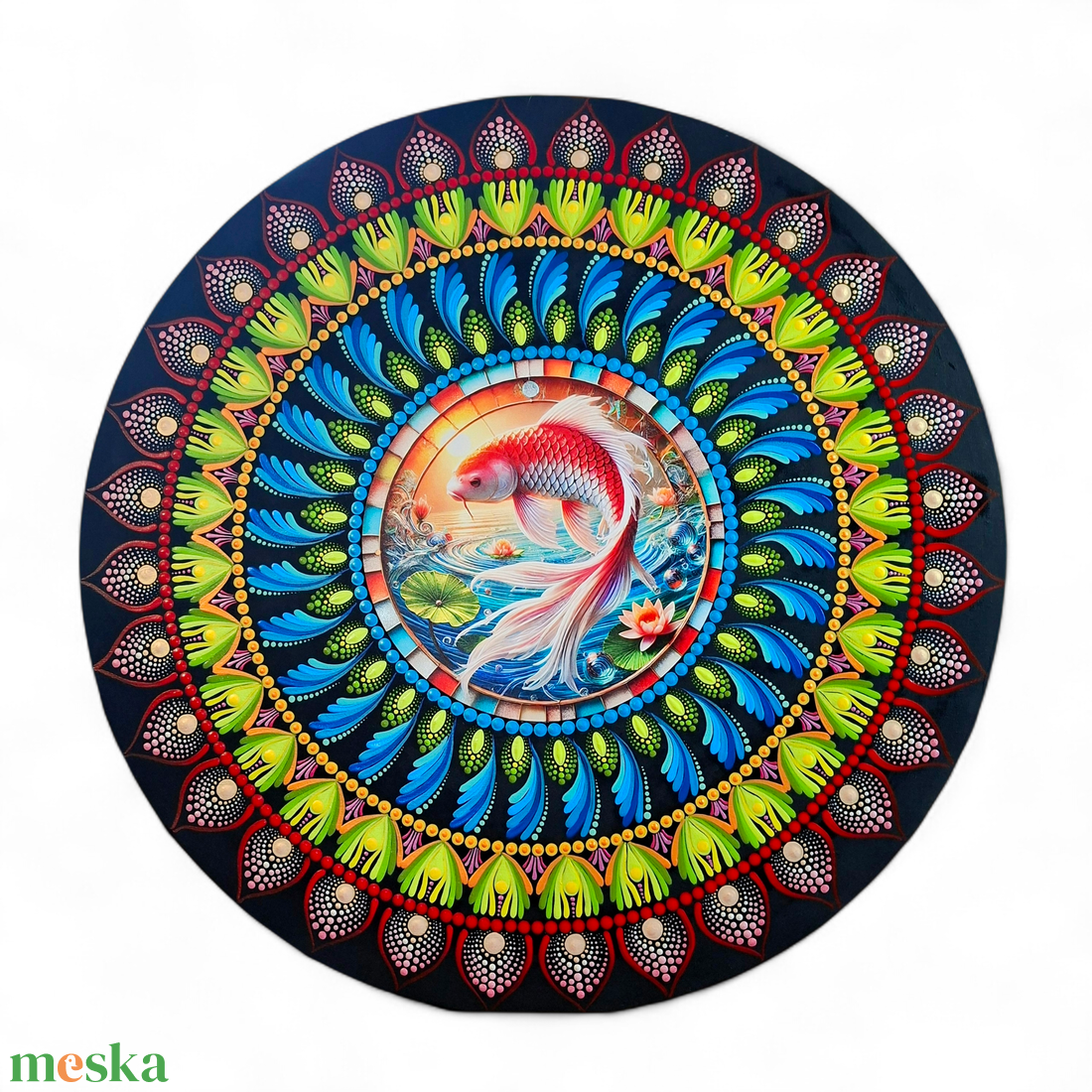 Bőség mandala Koi ponty motívummal - pontozott mandala 50 cm, fém betéttel - művészet - festmény - festmény vegyes technika - Meska.hu