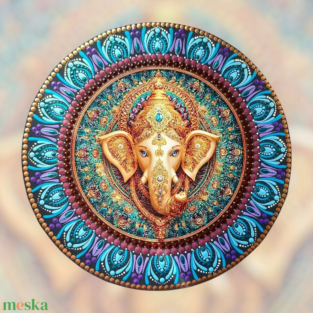 Pontozott mandala, elefántos - Kelet bölcsesssége, 30 cm, fém betéttel - művészet - festmény - festmény vegyes technika - Meska.hu