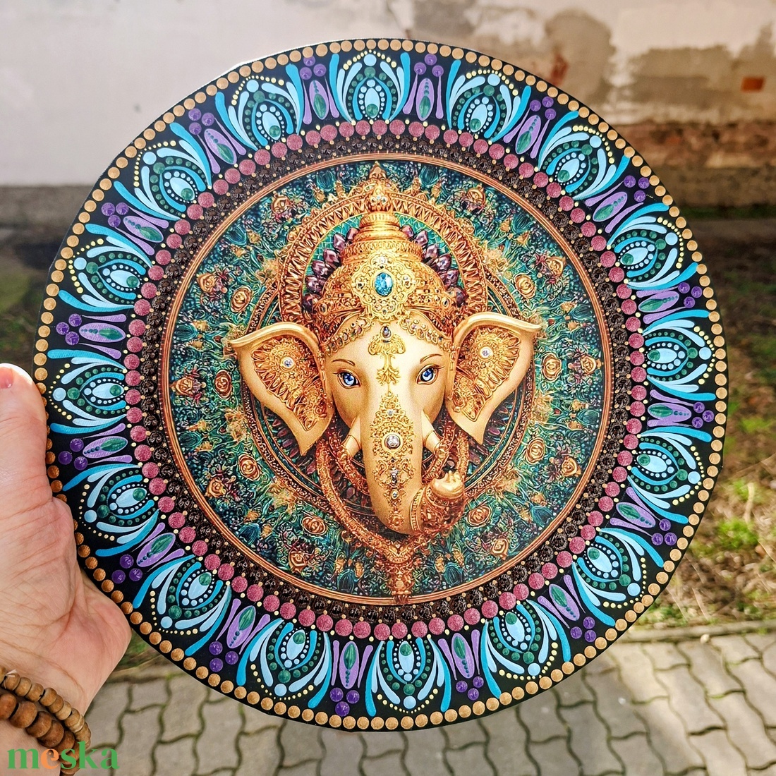 Pontozott mandala, elefántos - Kelet bölcsesssége, 30 cm, fém betéttel - művészet - festmény - festmény vegyes technika - Meska.hu