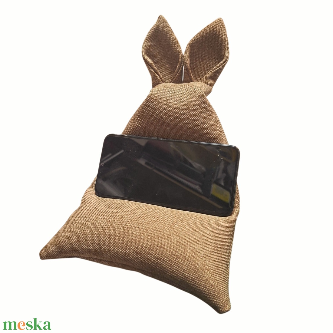 Nyuszifüles mini babzsák mobiltartó világosbarna  - otthon & életmód - tárolás & rendszerezés - asztali telefontartó - Meska.hu