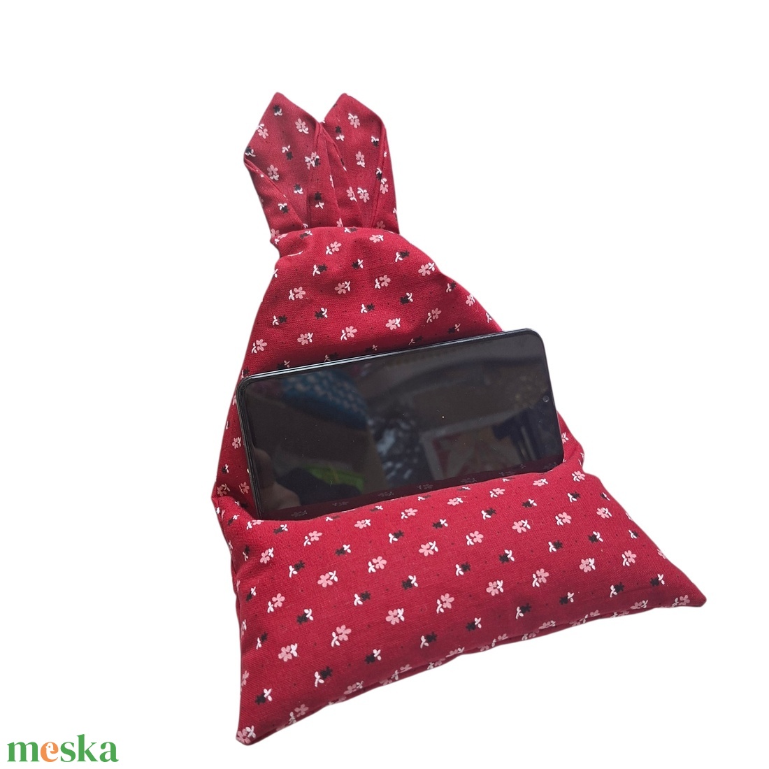 Nyuszifüles mini babzsák mobiltartó bordó, virágos  - otthon & életmód - tárolás & rendszerezés - asztali telefontartó - Meska.hu