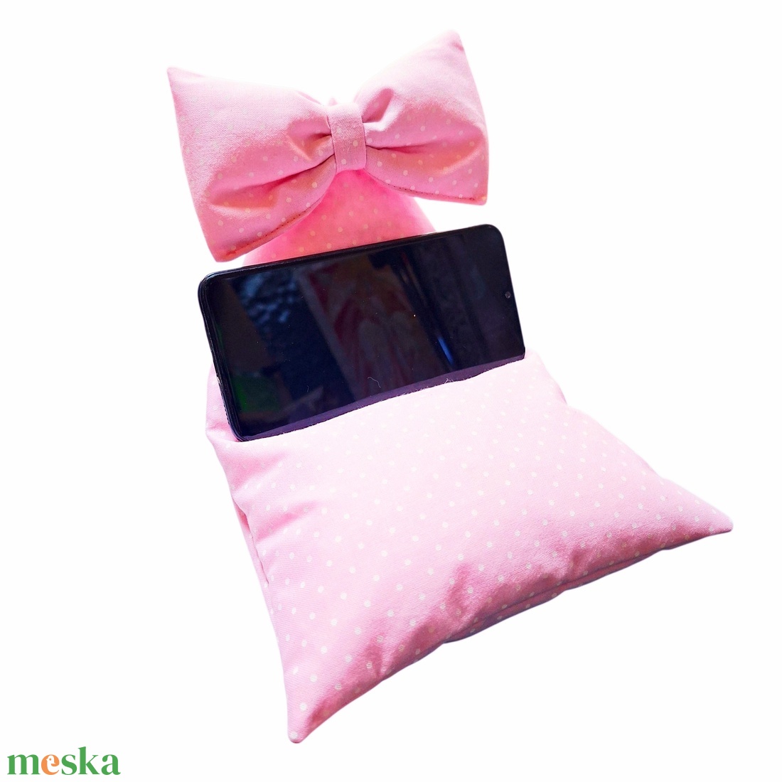 Nyuszifüles mini babzsák mobiltartó halvány rózsaszín pöttyös, masnival - otthon & életmód - tárolás & rendszerezés - asztali telefontartó - Meska.hu