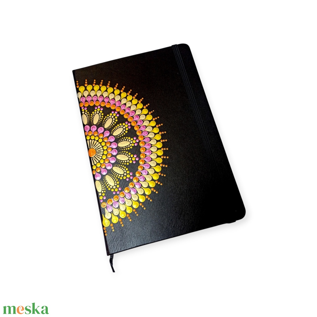 Pontfestett mandalás jegyzetfüzet vonalas, fekete - sárga, pink - otthon & életmód - papír, írószer - jegyzetfüzet & napló - Meska.hu