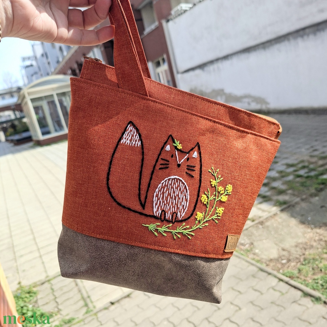 Project bag, neszeszer - Kézzel hímzett, rókás - táska & tok - bevásárlás & shopper táska - shopper, textiltáska, szatyor - Meska.hu