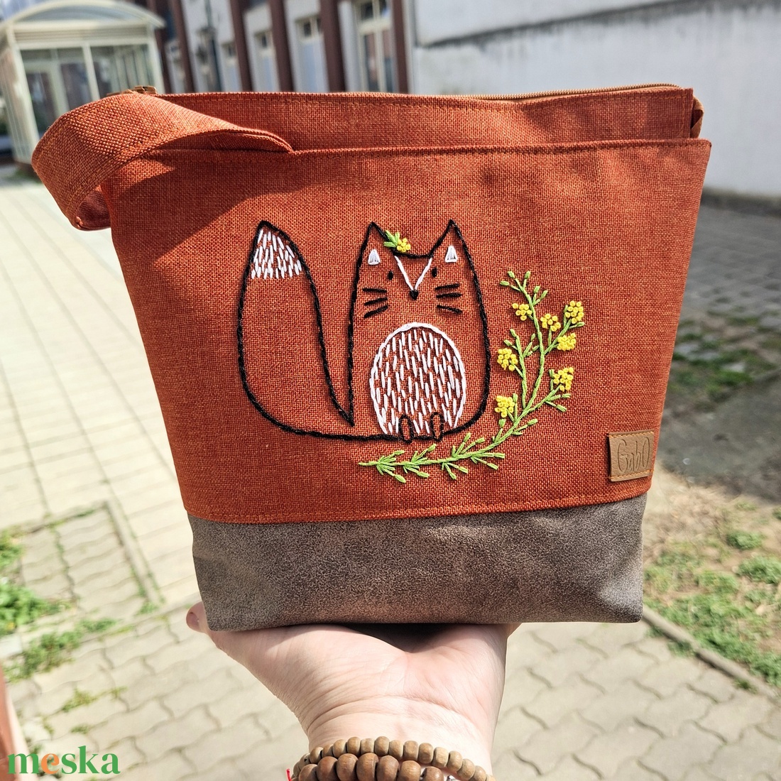 Project bag, neszeszer - Kézzel hímzett, rókás - táska & tok - bevásárlás & shopper táska - shopper, textiltáska, szatyor - Meska.hu