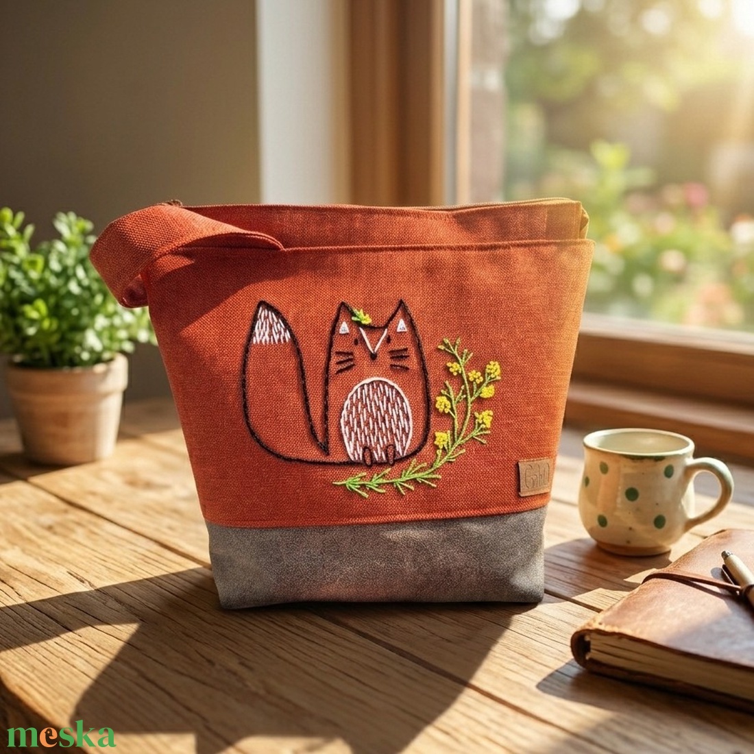 Project bag, neszeszer - Kézzel hímzett, rókás - táska & tok - bevásárlás & shopper táska - shopper, textiltáska, szatyor - Meska.hu