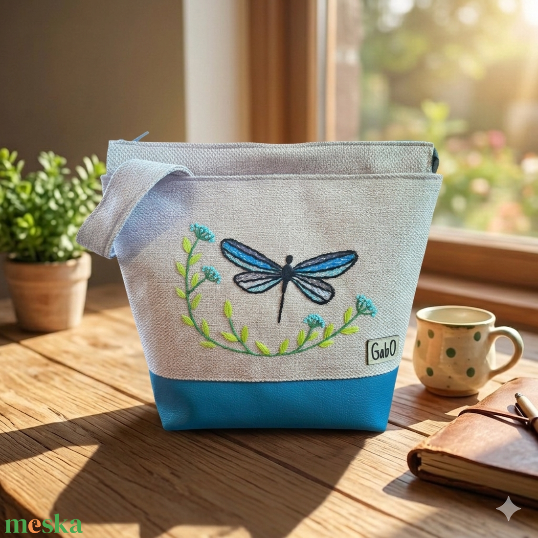 Project bag, neszeszer - Kézzel hímzett, szitakötős - táska & tok - bevásárlás & shopper táska - shopper, textiltáska, szatyor - Meska.hu