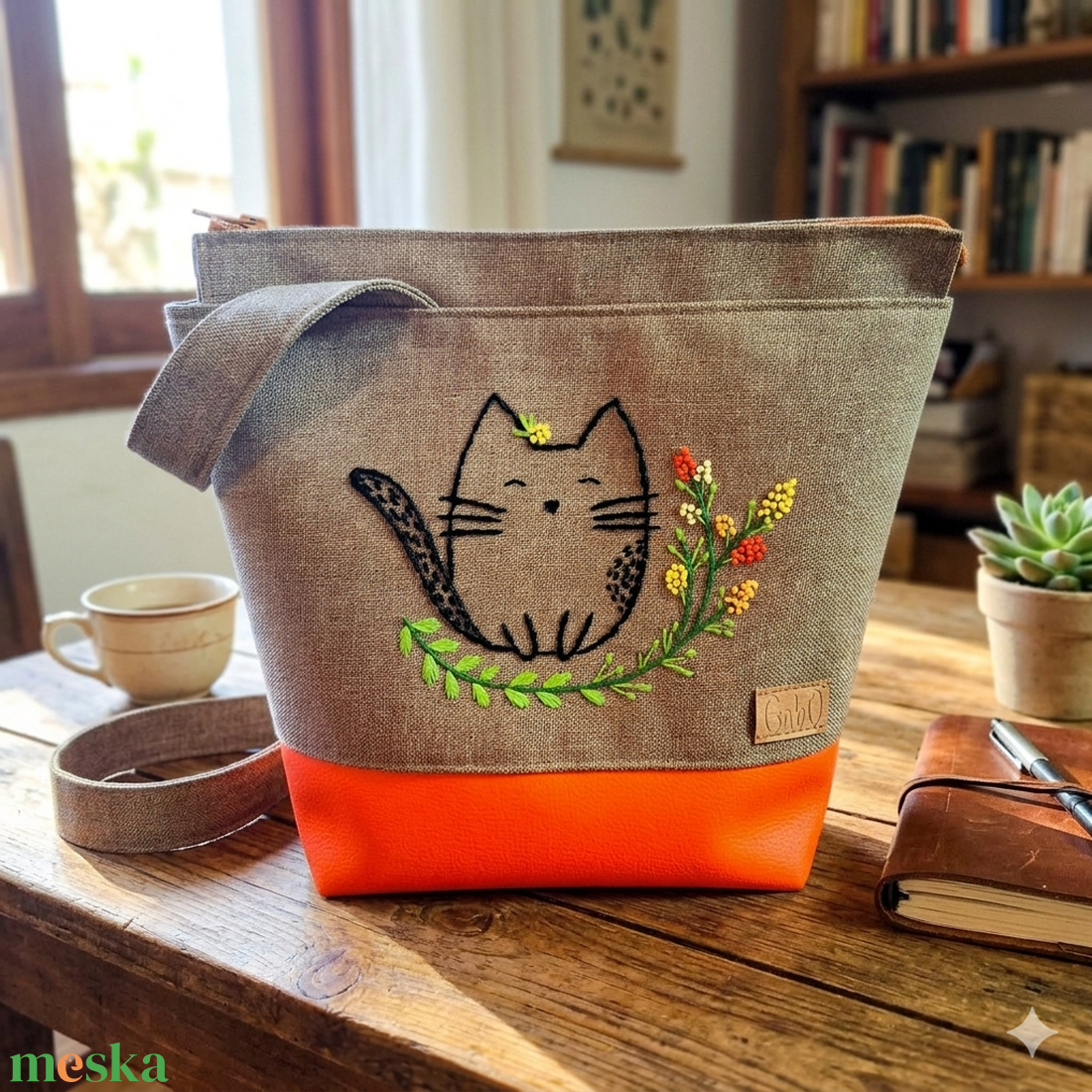 Project bag, neszeszer - Kézzel hímzett, narancs cicás - táska & tok - bevásárlás & shopper táska - shopper, textiltáska, szatyor - Meska.hu