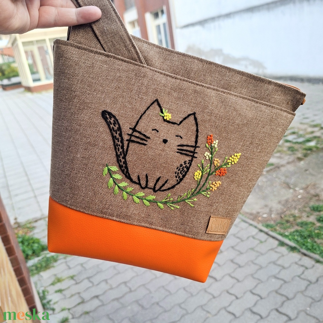 Project bag, neszeszer - Kézzel hímzett, narancs cicás - táska & tok - bevásárlás & shopper táska - shopper, textiltáska, szatyor - Meska.hu