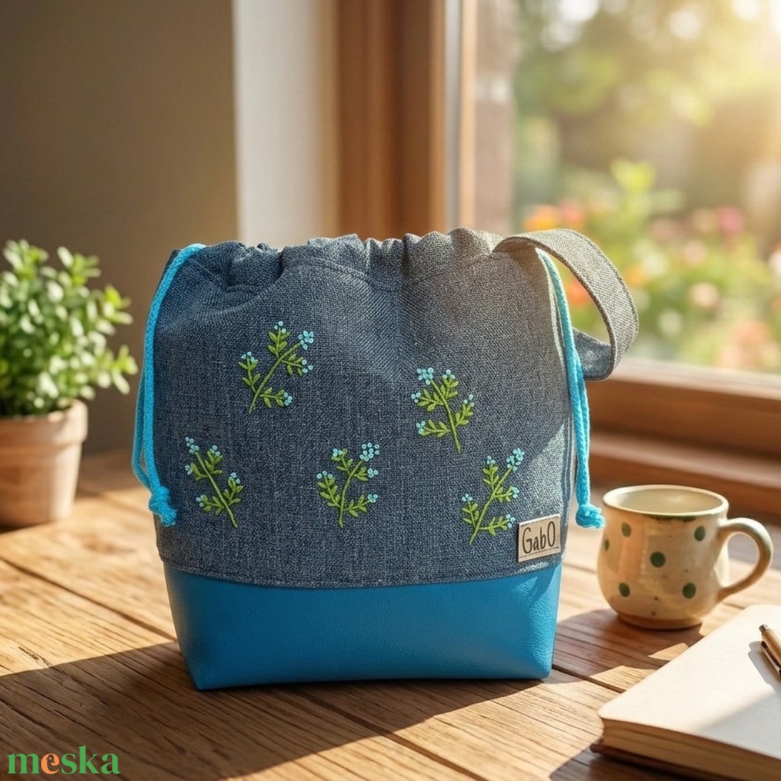 Project bag - Nefelejcs, hímzett, farmerkék - táska & tok - bevásárlás & shopper táska - shopper, textiltáska, szatyor - Meska.hu