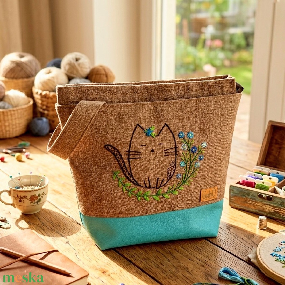 Project bag, neszeszer - Kézzel hímzett, cicás, kék - táska & tok - bevásárlás & shopper táska - shopper, textiltáska, szatyor - Meska.hu