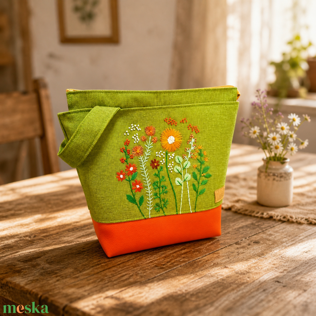 Project bag, neszeszer - Hímzett vadvirágos, kivizöld-narancs - táska & tok - bevásárlás & shopper táska - shopper, textiltáska, szatyor - Meska.hu