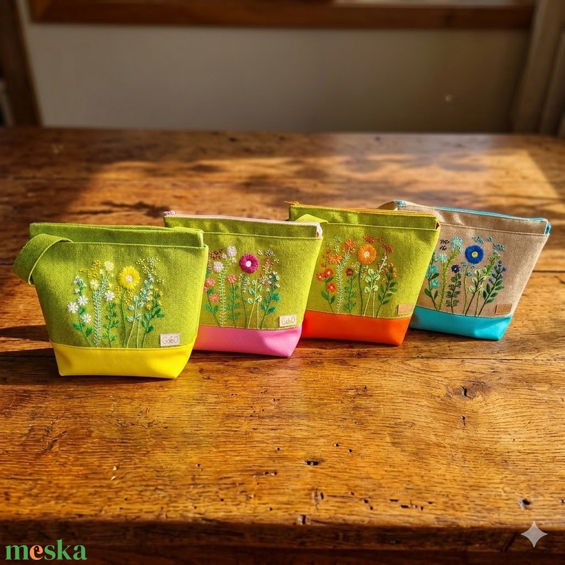 Project bag, neszeszer - Hímzett vadvirágos, kivizöld-narancs - táska & tok - bevásárlás & shopper táska - shopper, textiltáska, szatyor - Meska.hu