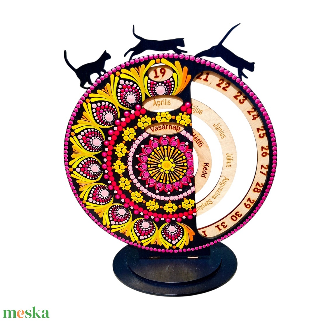 Pontozott mandala fa öröknaptár, Pink-sárga, cicás - otthon & életmód - dekoráció - fali és függő dekoráció - falinaptár & öröknaptár - Meska.hu