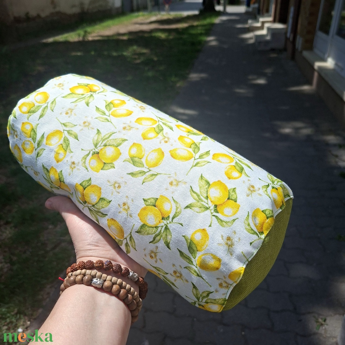 Henger párna tönköly pelyvával töltve, 14X30cm, Citromos - játék & sport - sport és kikapcsolódás - jóga, pilates, torna - jógapárna - Meska.hu