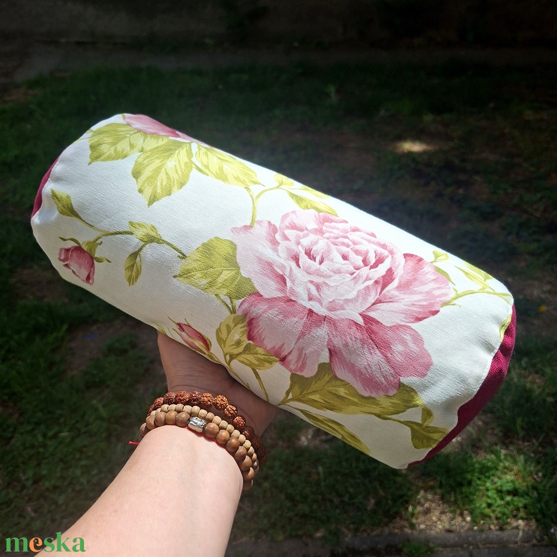 Henger párna tönköly pelyvával töltve, 14X30cm, Rózsás - játék & sport - sport és kikapcsolódás - jóga, pilates, torna - jógapárna - Meska.hu