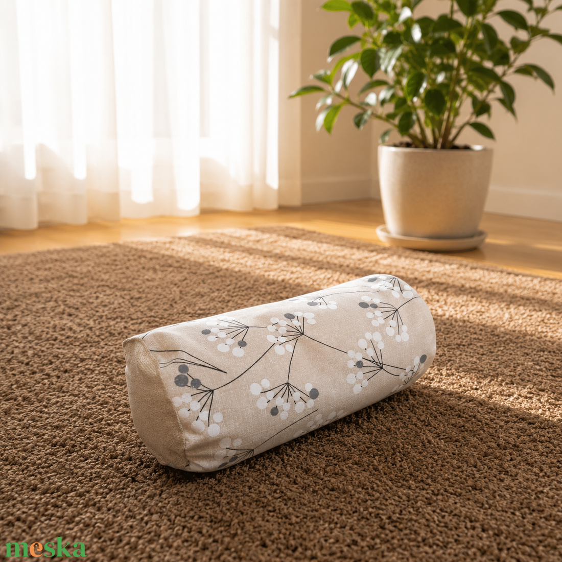 Henger párna tönköly pelyvával töltve, 14X30cm, Beige pitypangos - játék & sport - sport és kikapcsolódás - jóga, pilates, torna - jógapárna - Meska.hu