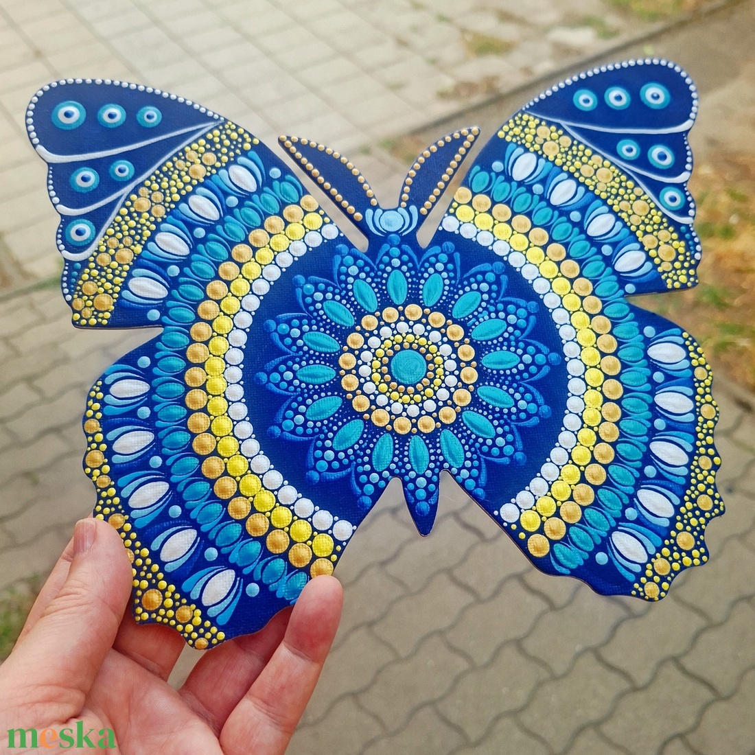 Pontozott pillangó kék-sárga-arany falikép - otthon & életmód - dekoráció - spiritualitás - mandala - Meska.hu