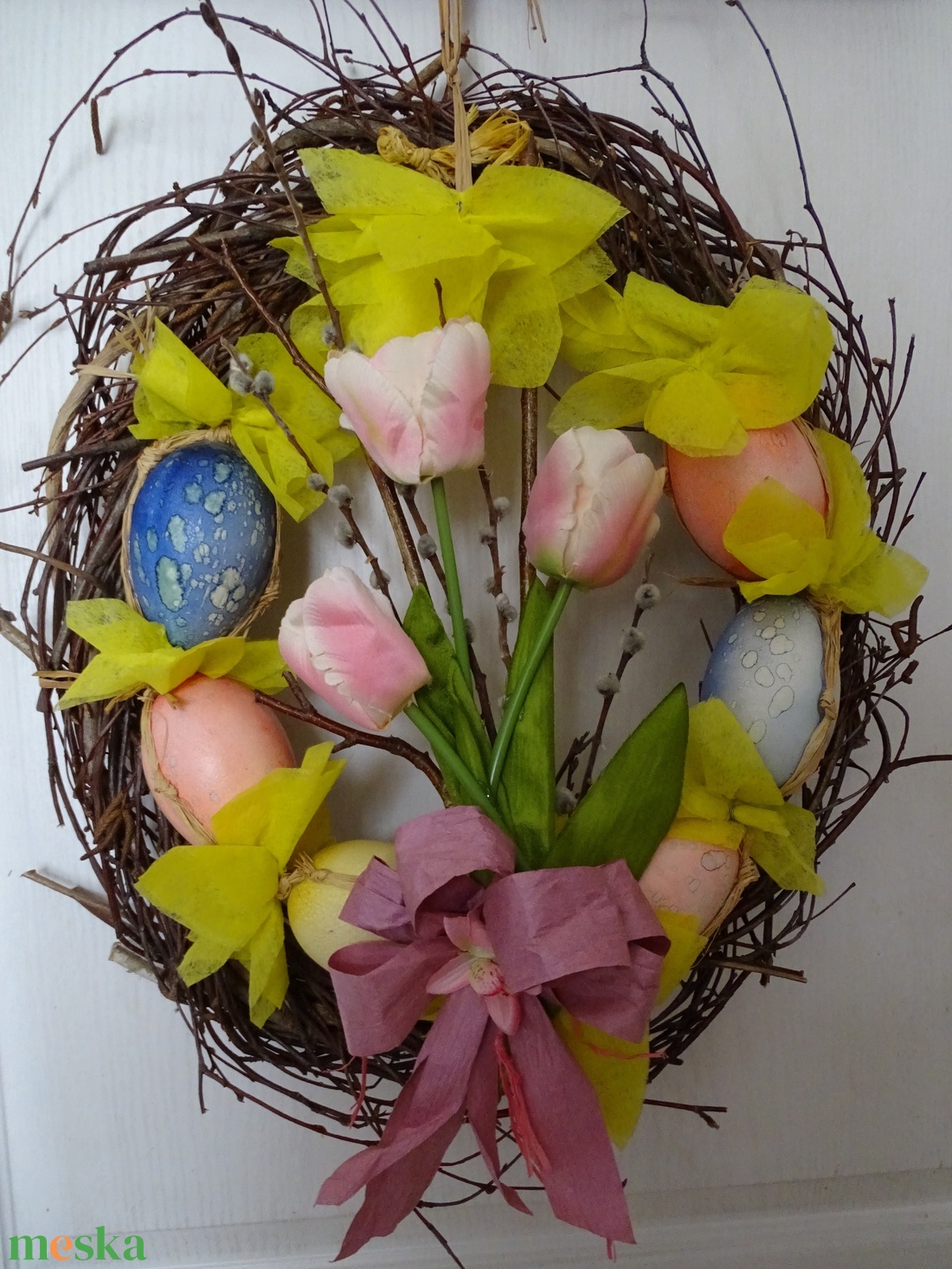 Tojásos-tulipános , ,színes,,húsvéti ,vessző,ajtódísz, koszorú ,kopogtató(nagy méret) - otthon & életmód - dekoráció - ajtó- és ablak dekoráció - ajtódísz & kopogtató - Meska.hu