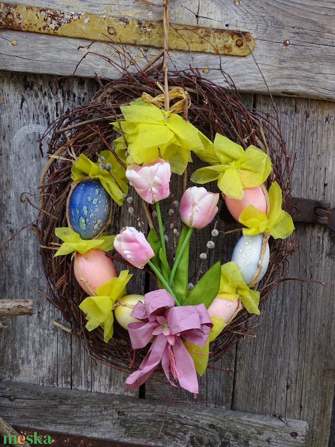 Tojásos-tulipános , ,színes,,húsvéti ,vessző,ajtódísz, koszorú ,kopogtató(nagy méret) - otthon & életmód - dekoráció - ajtó- és ablak dekoráció - ajtódísz & kopogtató - Meska.hu