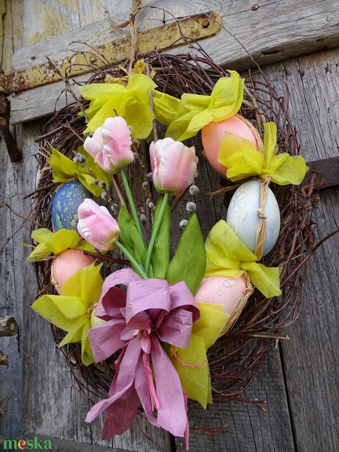 Tojásos-tulipános , ,színes,,húsvéti ,vessző,ajtódísz, koszorú ,kopogtató(nagy méret) - otthon & életmód - dekoráció - ajtó- és ablak dekoráció - ajtódísz & kopogtató - Meska.hu
