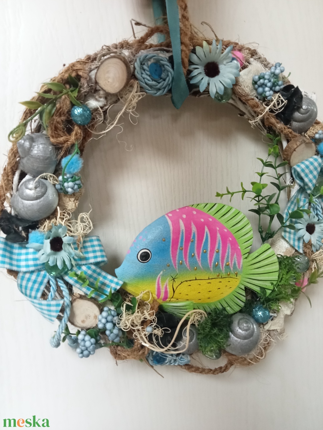 TENGER-kék nyári, halacska ajtódísz,koszorú,kopogtató,falidísz - otthon & életmód - dekoráció - ajtó- és ablak dekoráció - ajtódísz & kopogtató - Meska.hu