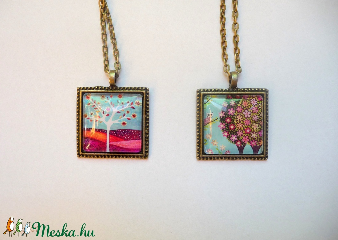 Tavaszias virágos-fás-baglyos nyaklánc - ékszer - nyaklánc - medálos nyaklánc - Meska.hu
