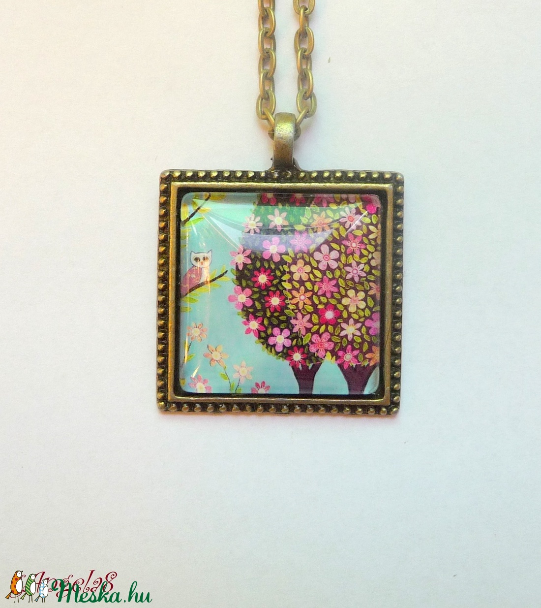 Tavaszias virágos-fás-baglyos nyaklánc - ékszer - nyaklánc - medálos nyaklánc - Meska.hu